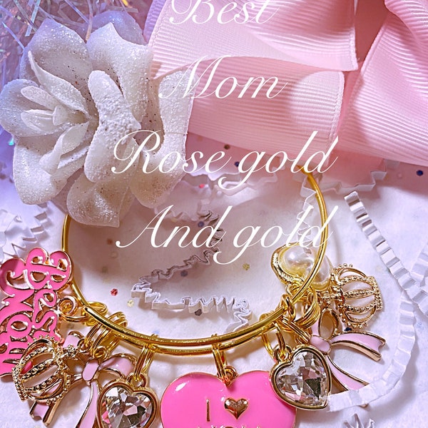 Gold charm bangle bracelet with rose gold and gold charms, hot pink , fancy bangle, Best mom