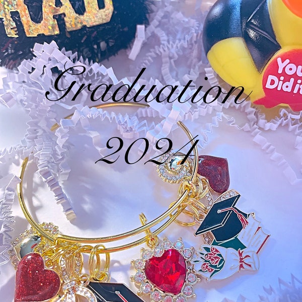 Graduation gold charm bangle bracelet , graduation season , gift for the grad.