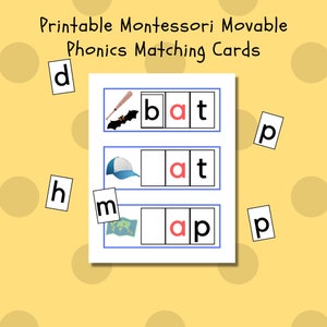 May include: Printable Montessori movable phonics matching cards with pictures of a bat, a baseball cap, and a map. The cards have the letters 'b', 'a', 't', 'm', 'a', 'p' printed on them.