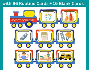 Op de afbeelding: Een kleurrijk treintje visueel schema met 96 routinekaarten en 16 blanco kaarten. De trein is blauw, geel en rood met wielen. De kaarten zitten in de treinwagons en tonen afbeeldingen van activiteiten zoals tandenpoetsen, aankleden en eten. De trein is gelabeld met "Jacob's Schedule".