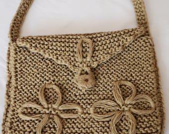 Crochet Jute Bag , Lining With a Pochet, Handmade Shoulder Bag From 1970&#39;s