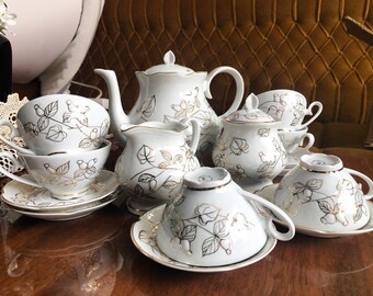 Vintage Tea Set, Six Tea Cups With Plates, Sugar Bowl, Milk Jug, Tea Jug, Porcelain Tea/ Coffee Set With Hand Painted Ornaments, Gift Idea