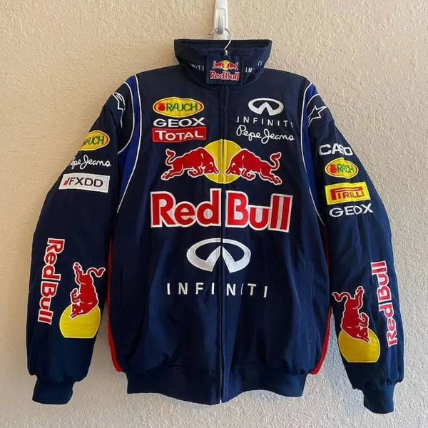 Formula F1 Jacket, Formula F1 Retro Cotton Fully Embroidered Red Bull Racing Jacket, Street Style Adult Jacket For Both Men And Women