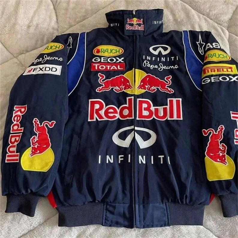 Giacca Formula F1, Giacca Formula F1 in cotone retrò completamente ricamato Red Bull Racing, Giacca per adulti Street Style per uomini e donne immagine 3