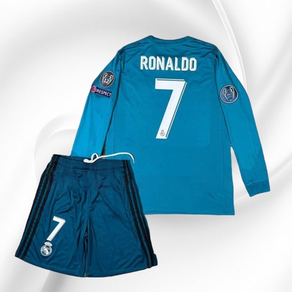 Real Madrid 2017–2018 Cristiano Ronaldo Nr. 7, blaues Komplettset – Champions-League-Trikot und Shorts, kurz-/langärmelige Fußballuniform