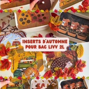 May include: A collection of autumn-themed inserts for a 2L Livv bin, featuring colorful illustrations of hedgehogs, squirrels, pumpkins, and fall foliage. The set includes various game boards with cutouts for small objects and the text INSERTS D'AUTOMNE POUR BAC LIVV 2L.