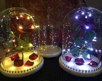 Beauty & the Beast Inspired Enchanted Rose in Glass Dome Bell Jar with Lights Beauty & the Beast Inspired Enchanted Rose in Glass Dome Bell Jar with Lights