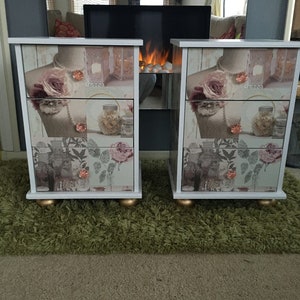 NOW SOLD commissions taken 2 Bedside Drawers/Table Cabinet Upcycled Decoupaged Crystal Knobs 'Vintage Rose'