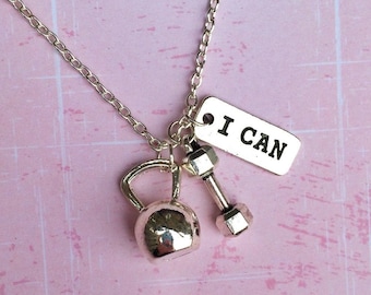 I Can Quote Necklace With Kettlebell & Dumbbell Charms / Motivational Jewelry / Weight Loss Motivation / Personal Motivation / Gym Jewelry