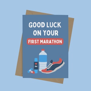 Men's first marathon good luck card in blue and red with envelope