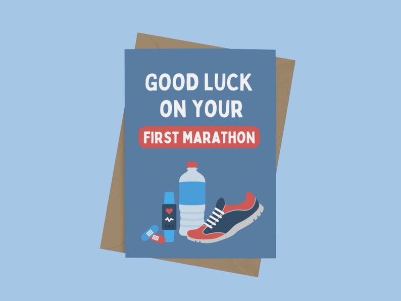 Men's first marathon good luck card in blue and red with envelope