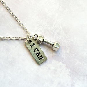 Dumbbell Necklace - Fitness Jewelry for Weight Loss Motivation or Fitness Gift / Fitness Jewelry / Weightlifter Gift / "I CAN" Charm