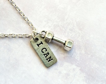 Dumbbell Necklace - Fitness Jewelry for Weight Loss Motivation or Fitness Gift / Fitness Jewelry / Weightlifter Gift / "I CAN" Charm