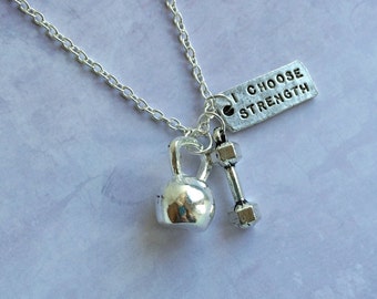 Kettlebell Fitness Necklace with I Choose Strength & Dumbbell Charm / Gym Gift / Weightlifting / Motivational Workout Jewelry / Crossfit