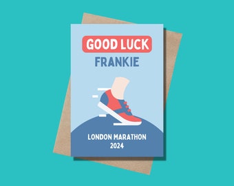 Biglietto di buona fortuna personalizzato per la maratona di Londra per la maratona di corsa 2024, Biglietto di supporto personalizzato per la maratona di Londra per corridori con nome