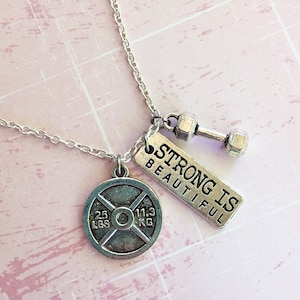 Strong Is Beautiful Dumbbell & Weight Plate Necklace / Gym Gift / Fit Girl / Gym Jewelry / Crossfit Lover Gift / Fitness Necklace