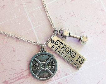 Collier poids et haltères Strong is Beautiful / Cadeau de gym / Fit Girl / Bijoux de gym / Cadeau crossfit pour amoureux / Collier de fitness
