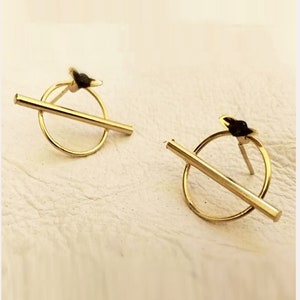 Gold Stud Earrings, Geometric Earrings, Minimalist Gold Earrings, Black Stone Earrings, Israeli Jewelry, Gold Plated Earrings Black and Gold image 4