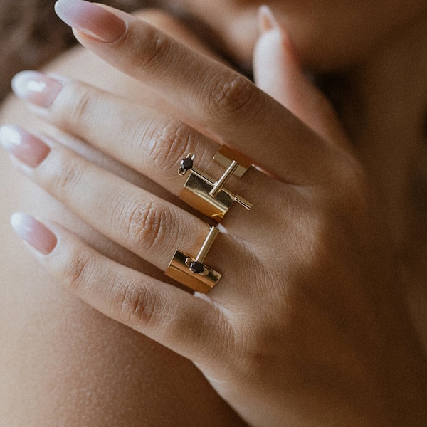 Gold Wide Band Ring, Contemporary Jewelry, Statement Ring, Gemstone Ring, Israeli Jewelry, Adjustable Ring, Black and Gold, Gold Plated Ring