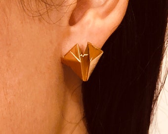 Gold Statement Earrings, Gold Heart Studs, Gold Plated Earrings, Gold Heart Earrings, Origami Gold Studs, Israeli Jewelry, Geometric Heart