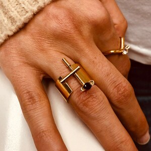 Gold Statement Ring Women, Black Stone Gold Ring, Gemstone Ring, Gold Wide Ring, Open Band Ring, Adjustable Wide Ring, Israeli Jewelry