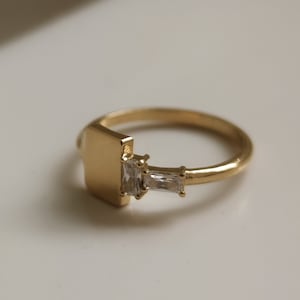 Square Signet Ring with Natural Diamonds, 14K Solid Yellow Gold Ring, Handmade Statement Ring, Dainty Baguette Ring, Stand With ISRAEL