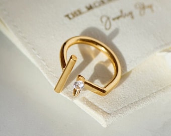 Fashion Flower Ring, Gouden Ring voor vrouwen, Gold Bar Ring, Bar Geometrische Ring, Verstelbare Minimale Ring, Open Edelsteen Ring, Vergulde Ring