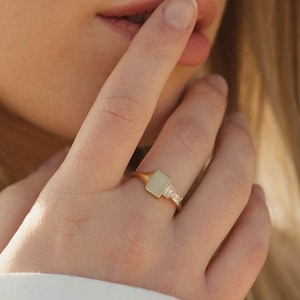 Square Signet Ring with Natural Diamonds, 14K Solid Yellow Gold Ring, Handmade Statement Ring, Dainty Baguette Ring, Stand With ISRAEL image 3