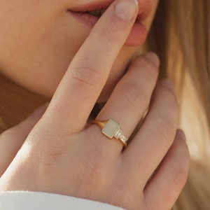 Square Signet Ring with Natural Diamonds, 14K Solid Yellow Gold Ring, Statement Ring, Baguette Diamond Ring, Handmade Natural Diamond Ring