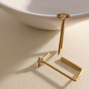 Square Hoop Earrings, Geometric Earrings, Modern Earrings, Gold Gemstone Earrings, Minimalist Earrings, Israeli Jewelry, Gold Stud Earring image 3