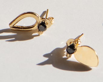 Gold Stud Earrings, Gold Asymmetrical Earrings, Minimal Black Stone Earrings, Dainty Earrings, Gemstone Earrings, Small Modern Earrings