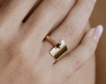 Guld Statement-ring, Moderna smycken, Israeliska smycken, Svart ädelstensring, Ringar för kvinnor, Öppen justerbar ring, Förgylld ring