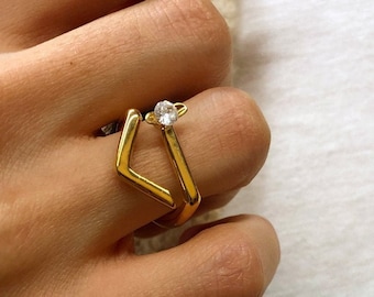 Gemstone Ring, Minimalist Ring, Open Ring, Gold Rings For Women, Triangle Geometric Ring, Israeli Jewelry, Modern Jewelry, Adjustable Ring