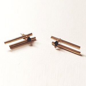 Statement Bar Earrings, Black Stone Earrings, Double Bar Earrings, Israeli Jewelry, Gold Plated Stud Earrings, Modern Geometric Earrings