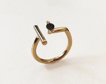 Black Stone Ring, Minimalist Ring, Gold Open Ring, Geometric Ring, Stone Ring, Square ring, Bar Ring, Gold Plated Ring, Israeli Jewelry