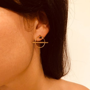 Gold Stud Earrings, Geometric Earrings, Minimalist Gold Earrings, Black Stone Earrings, Israeli Jewelry, Gold Plated Earrings Black and Gold image 1
