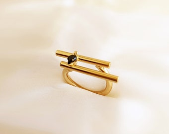 Black Stone Ring, Double Bar Ring, Minimalist Bar Ring, Gemstone Bar Ring, Gold Plated Ring, Israel Jewelry, long Bar Ring, Geometric Ring