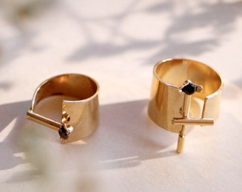 Unique Holiday Gift: Geometric Gold Rings with Black Zircon | Adjustable | Handmade Jewelry Set for Women