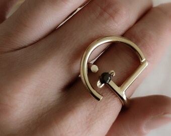Gold Statement Ring, Geometrischer Ring, Offener Kreis Ring, Zeitgenössischer Ring, Israelischer Schmuck, Edelstein Ring, Schwarzer Stein Ring, Gold Großer Ring