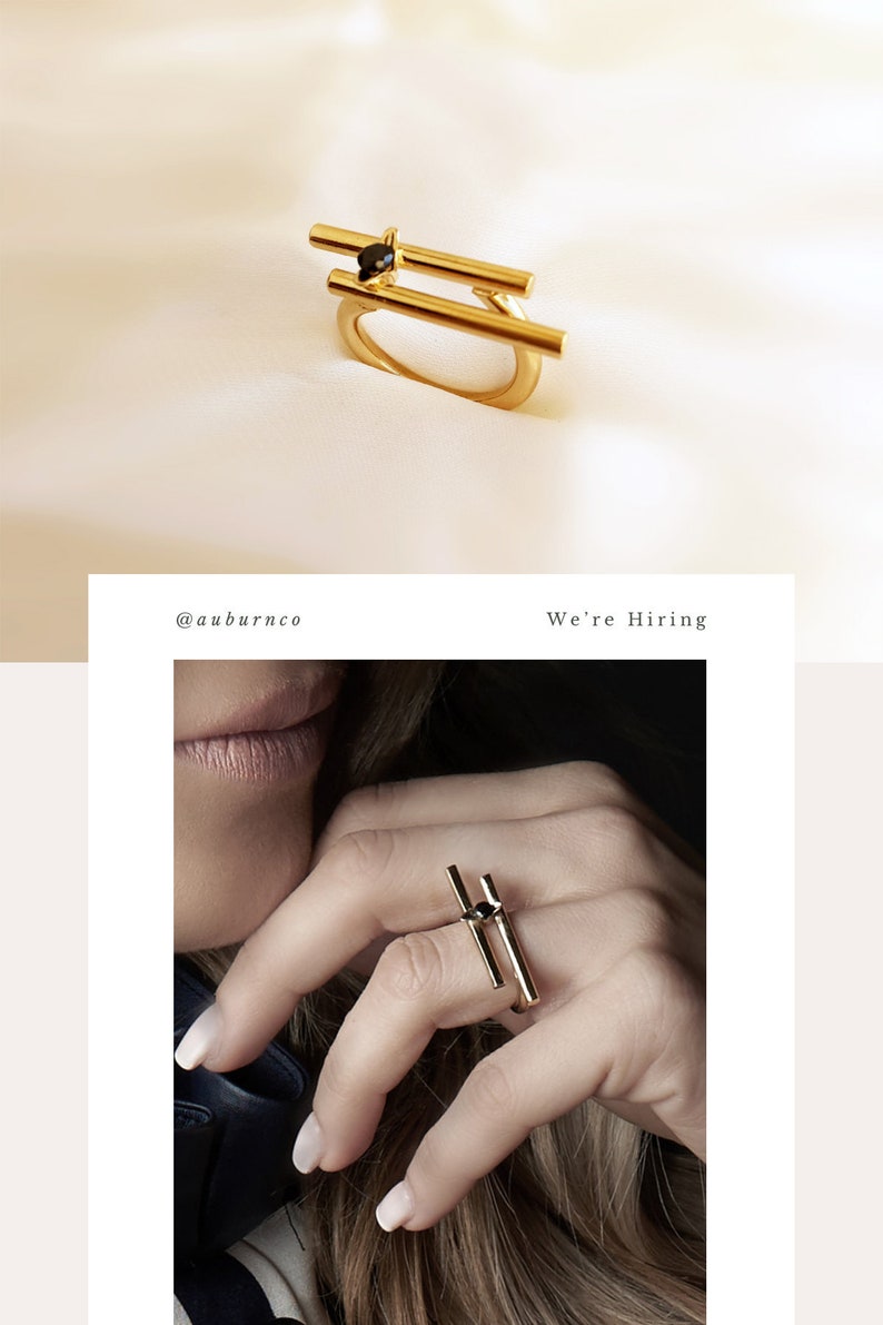 Gold Statement Bar Ring, Double Bar Ring, Black Stone Ring, Gemstone Bar Ring, Large Rings For Women, Gold Plated Ring, Modern Bar Ring image 1