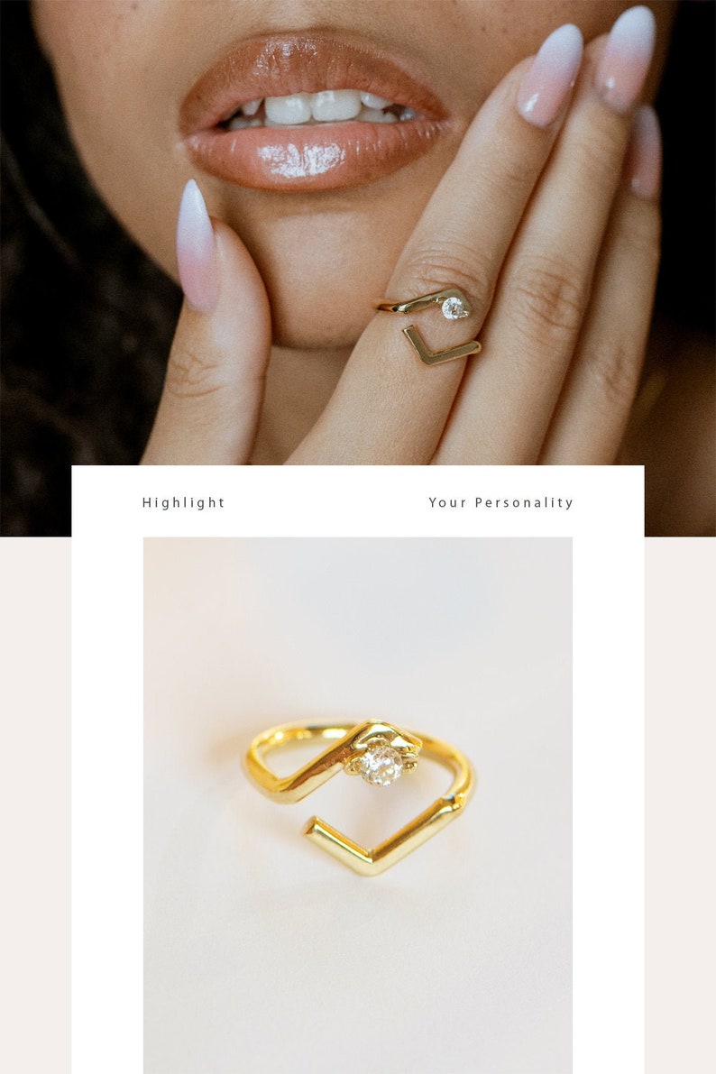 Gold Rings For Women, Rhombus ring with Gemstone, Open Ring, Stackable Rings, Israeli Jewelry, Unique Ring, Geometric Ring, Adjustable ring image 2