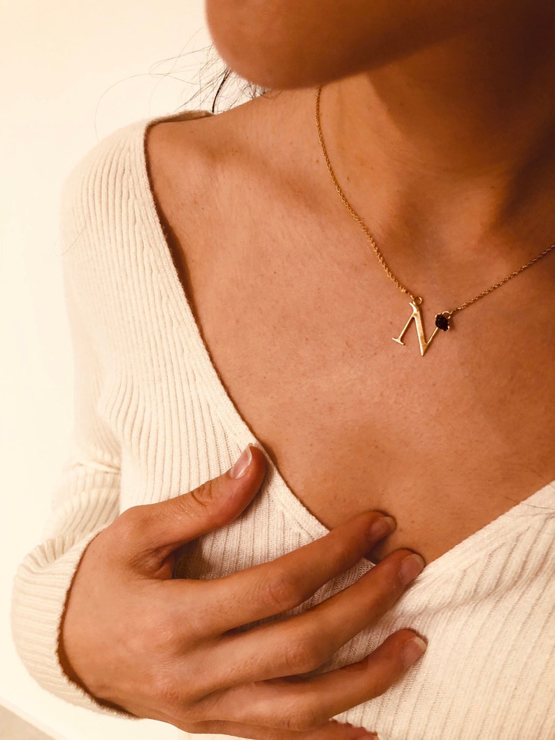 Gemstone Letter Necklace Gold Plated Name Necklace Gold Letter Necklace Monogram Necklace Israeli Jewelry Personalized Necklace