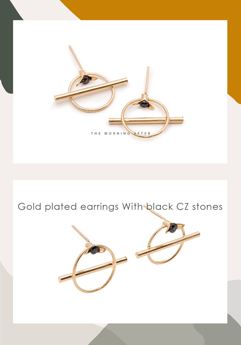 Gold Stud Earrings, Geometric Earrings, Minimalist Gold Earrings, Black Stone Earrings, Israeli Jewelry, Gold Plated Earrings Black and Gold image 5