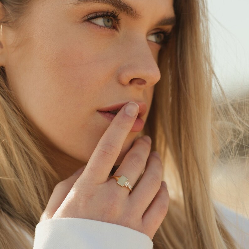 Square Signet Ring with Natural Diamonds, 14K Solid Yellow Gold Ring, Handmade Statement Ring, Dainty Baguette Ring, Stand With ISRAEL image 3