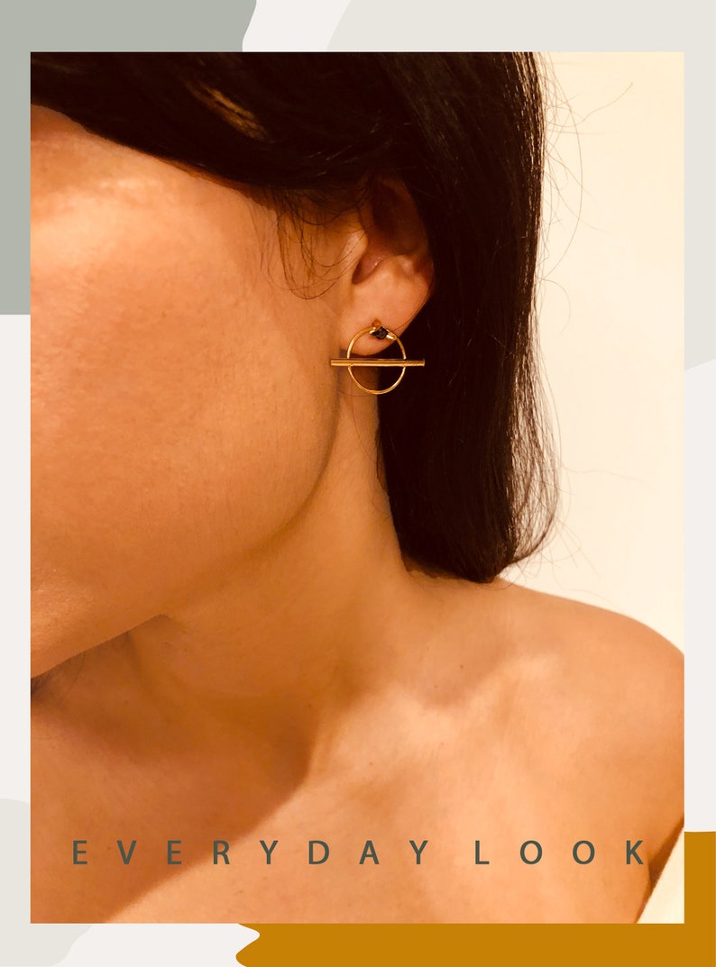 Gold Stud Earrings, Geometric Earrings, Minimalist Gold Earrings, Black Stone Earrings, Israeli Jewelry, Gold Plated Earrings Black and Gold image 1