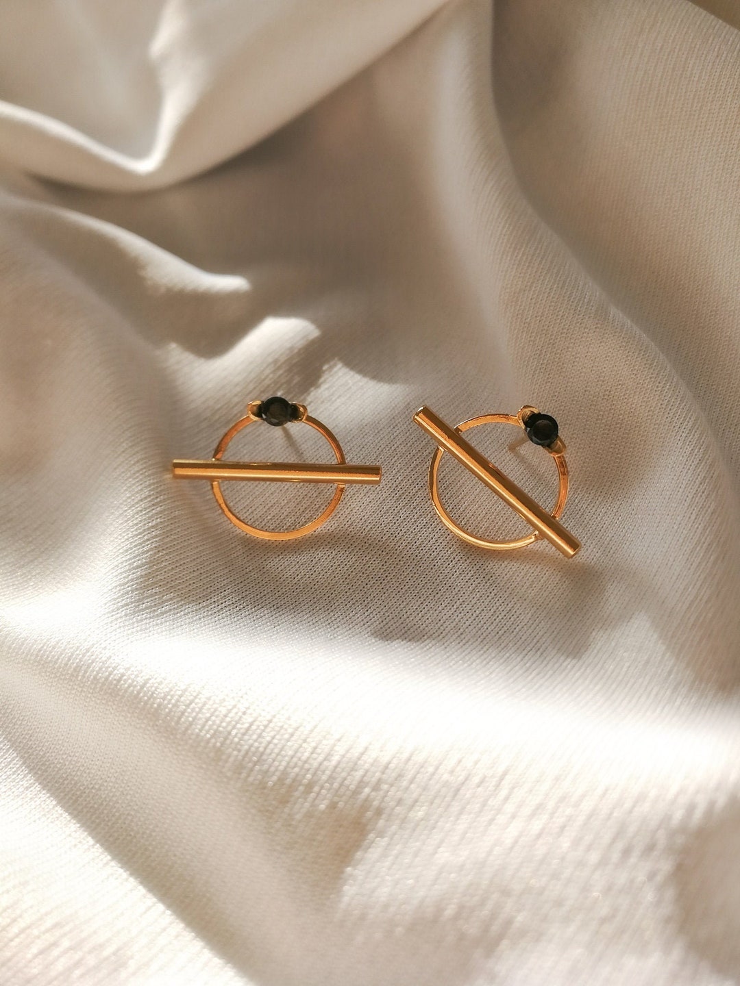 Black Stone Circle Earrings, Gold Stud Earrings, Minimalist