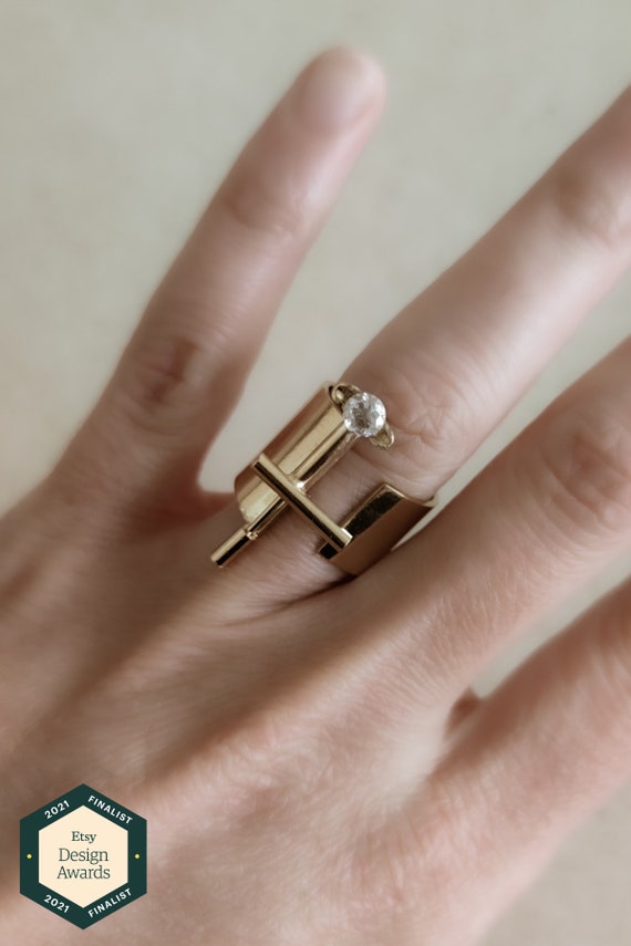 Gold Statement Ring, Geometric Ring, Modern Ring, Contemporary Ring,  Israeli Jewelry, Gemstone Ring, Wide Band Ring, Adjustable Open Ring 