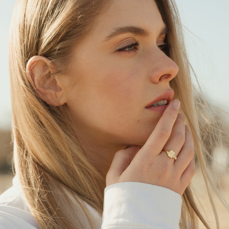 Square Signet Ring with Natural Diamonds, 14K Solid Yellow Gold Ring, Handmade Statement Ring, Dainty Baguette Ring, Stand With ISRAEL image 8