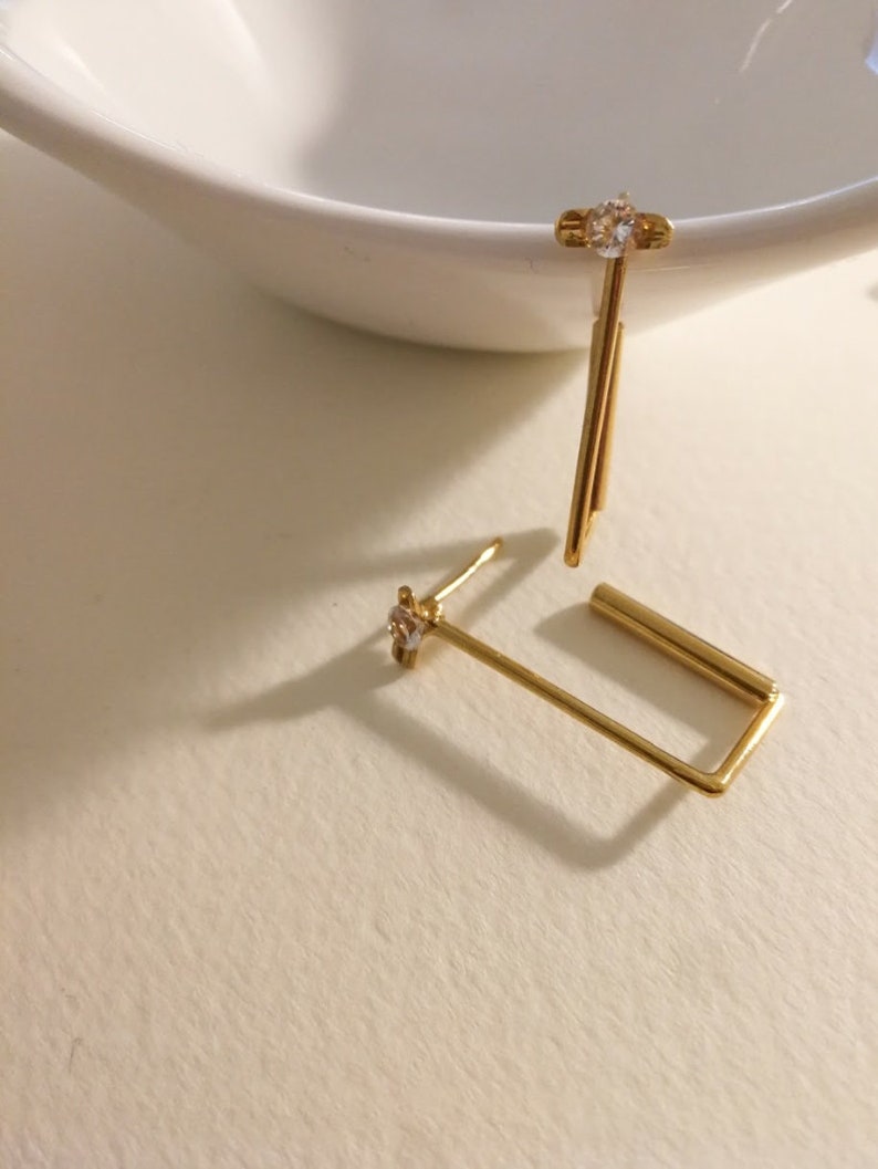 Square Hoop Earrings, Geometric Earrings, Modern Earrings, Gold Gemstone Earrings, Minimalist Earrings, Israeli Jewelry, Gold Stud Earring image 3