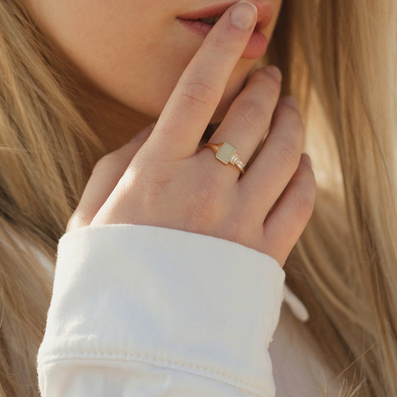 Square Signet Ring with Natural Diamonds, 14K Solid Yellow Gold Ring, Handmade Statement Ring, Dainty Baguette Ring, Stand With ISRAEL image 5